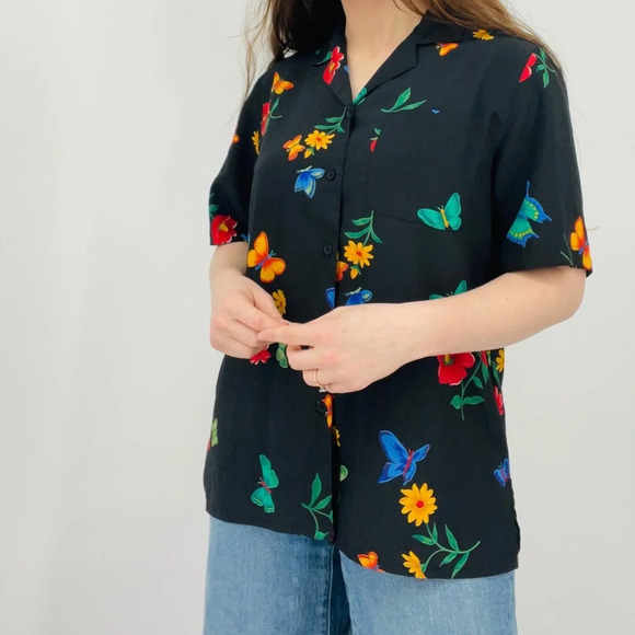 vintage ebony enchanted butterfly garden floral button down top cottagecore L - Picture 3 of 8